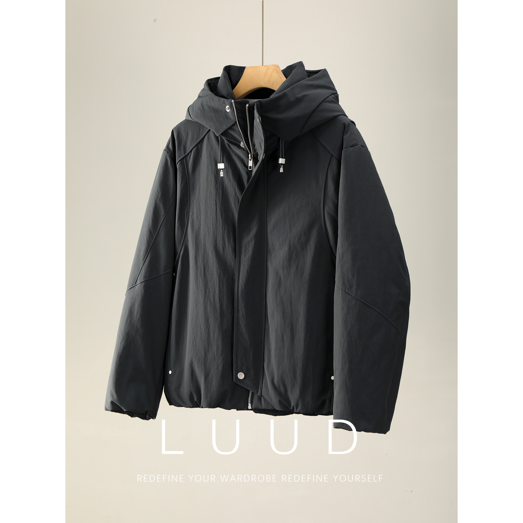 LUUD 都市户外连帽抽绳羽绒服男铆钉解构分割双门襟保暖鸭绒外套