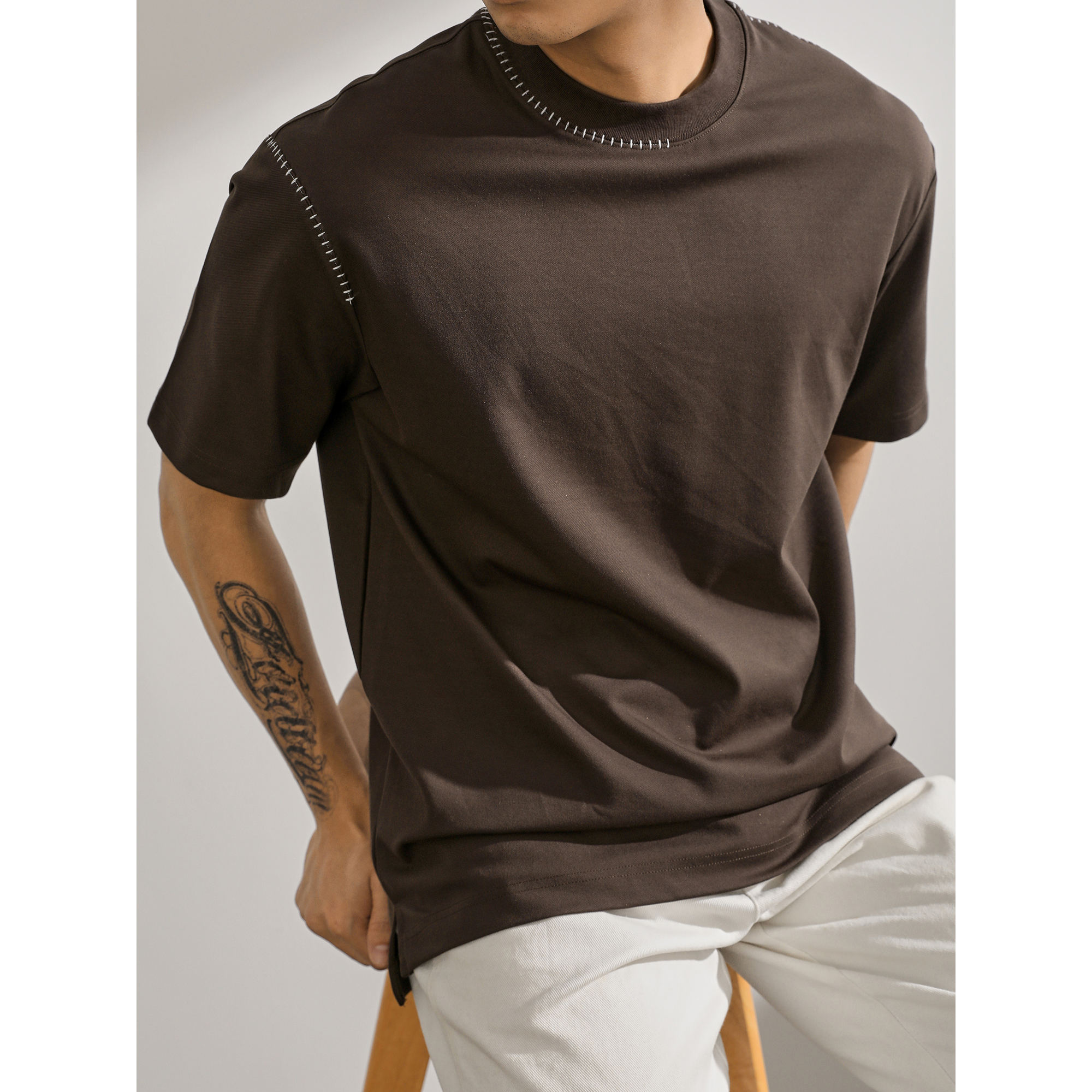 LUUD 300G重磅轻奢复古风撞色领口车线短袖落肩上衣男休闲微阔T恤