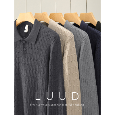 LUUD 老钱质感修身针织POLO衫男立体绞花肌理感净色百搭长袖毛衣