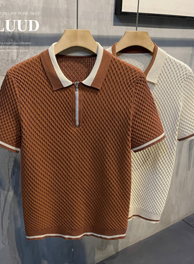 LUUD 男士潮流拼色冰爽丝POLO衫夏季网格纹理修身短袖透气薄上衣