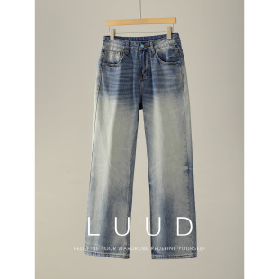 饰cleanfit长裤 男绿松石装 水洗做旧渐变猫须直筒宽松牛仔裤 LUUD