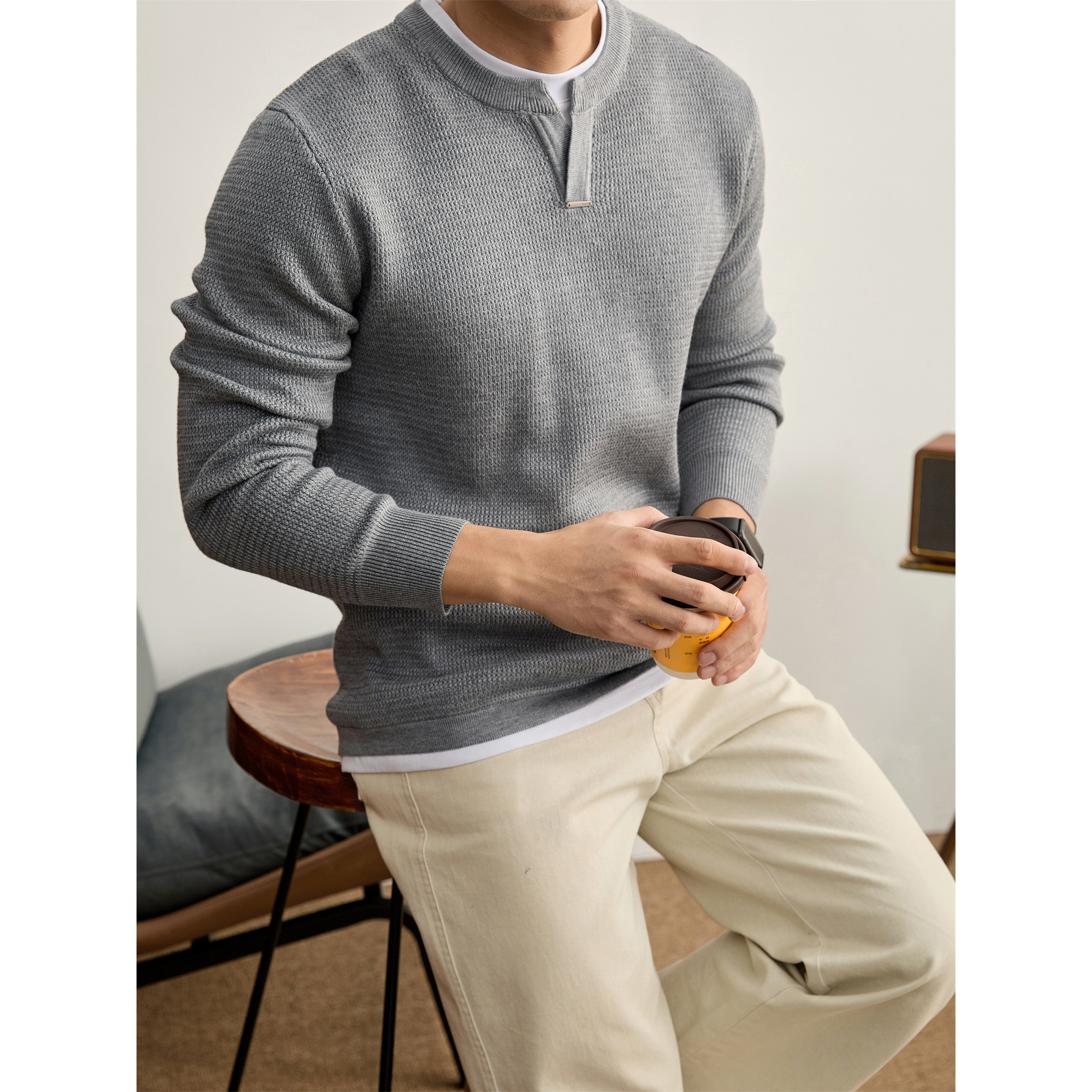 LUUD 复古质感亨利领修身针织衫重磅420g假两件肌理感纱线毛衣男,男装,针织衫/毛衣,淘宝优惠券,粉丝福利购,淘宝优惠卷