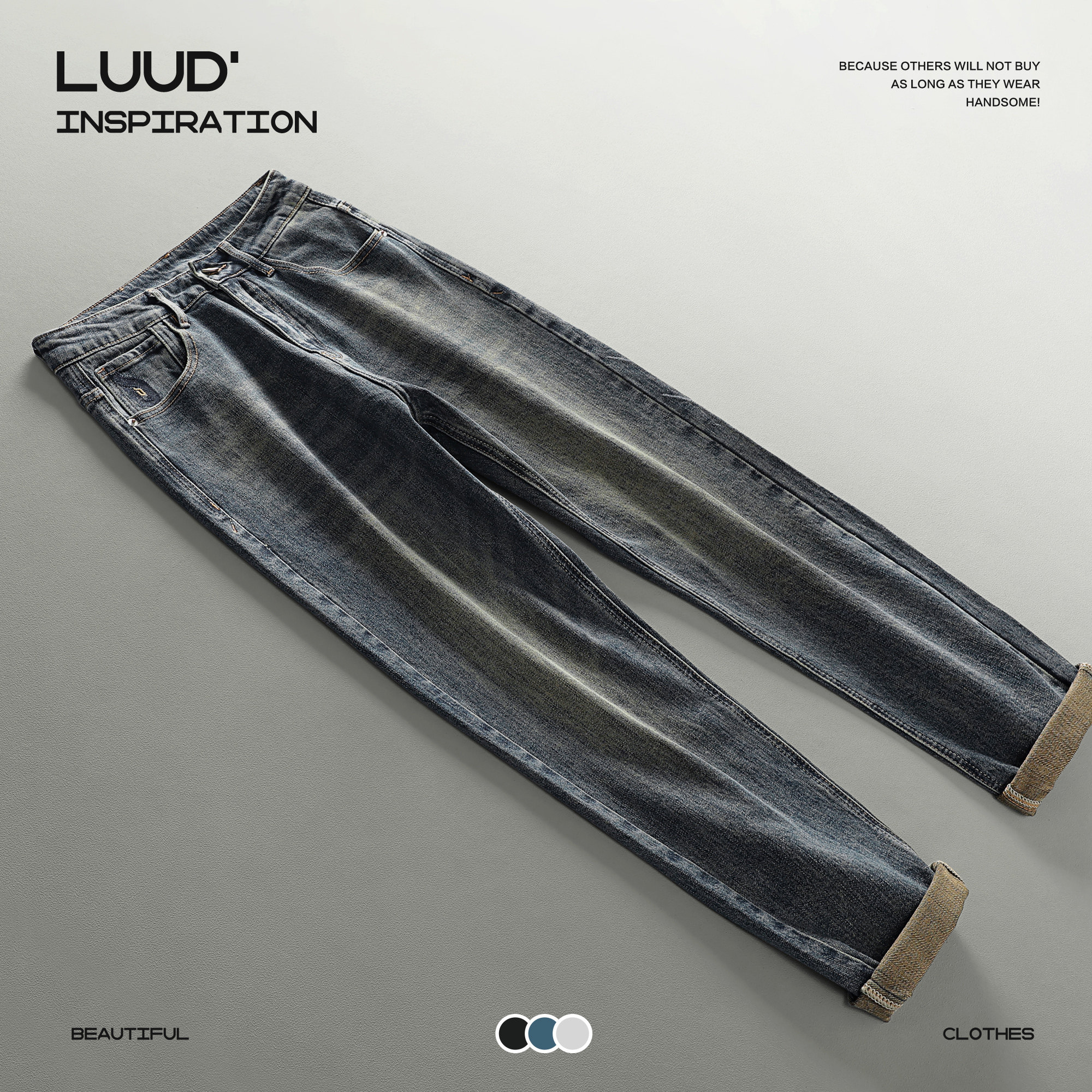 LUUD 水洗复古做旧牛仔裤男秋款潮流休闲小脚锥形裤百搭直筒长裤