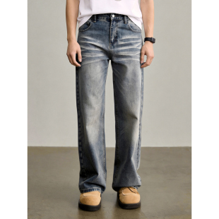 宽松cleanfit长裤 男直筒美式 复古水洗波浪纹做旧蓝色牛仔裤 LUUD