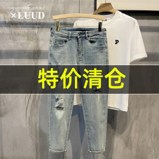 9九分裤 特价 小脚修身 子男潮流帅气百搭韩版 复古怀旧破洞牛仔裤