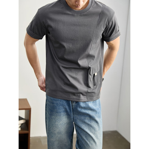 LUUD 解构分割撞料拼接圆领T恤男夏季立体袋盖口袋机能风合身短袖
