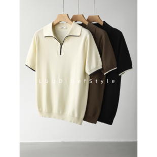 LUUD 儒雅静奢通勤风针织短袖POLO衫男夏撞色V字海鸥领上衣T恤衫
