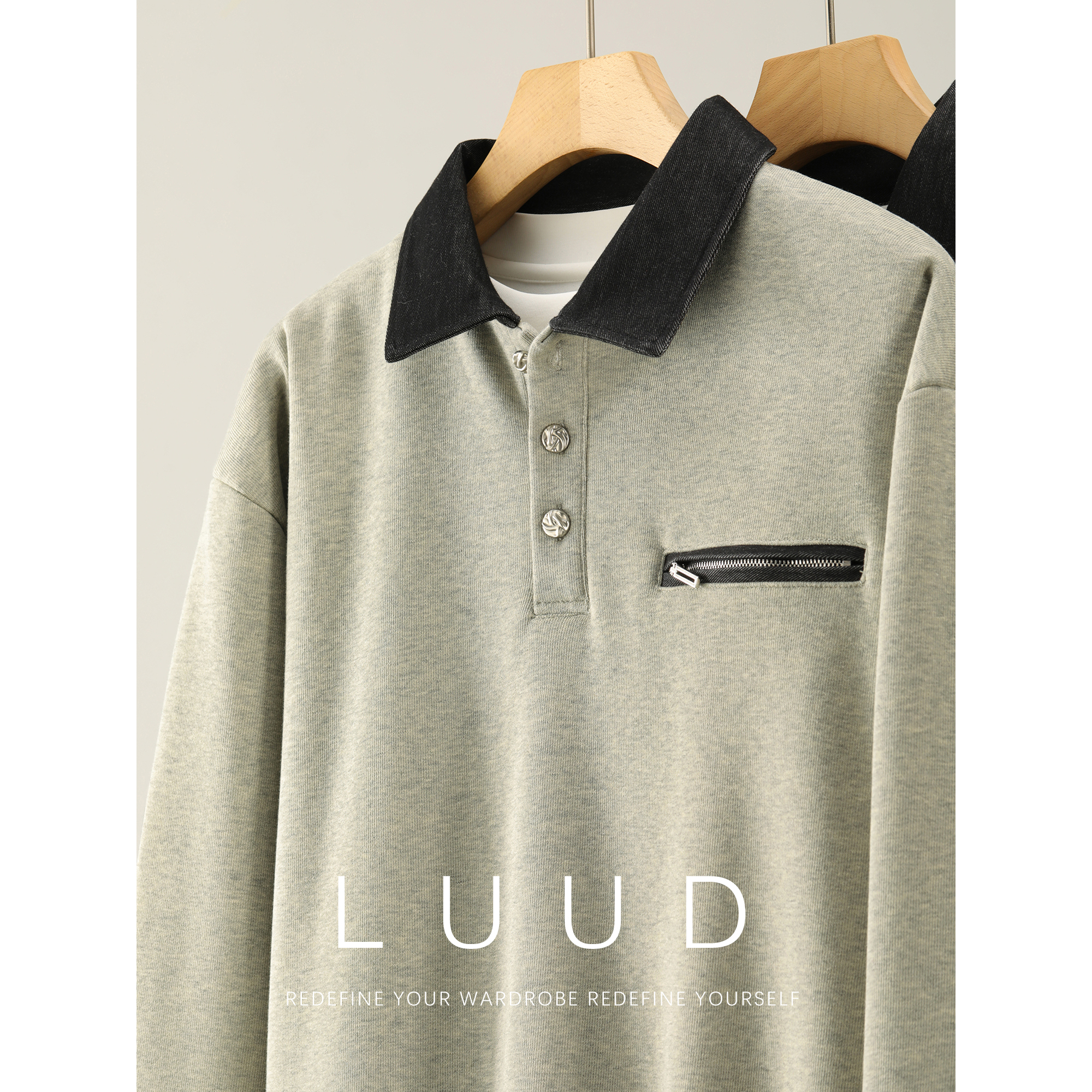 LUUD 牛仔翻领撞色拼接长袖卫衣男冬加绒加厚定制金属扣潮牌上衣
