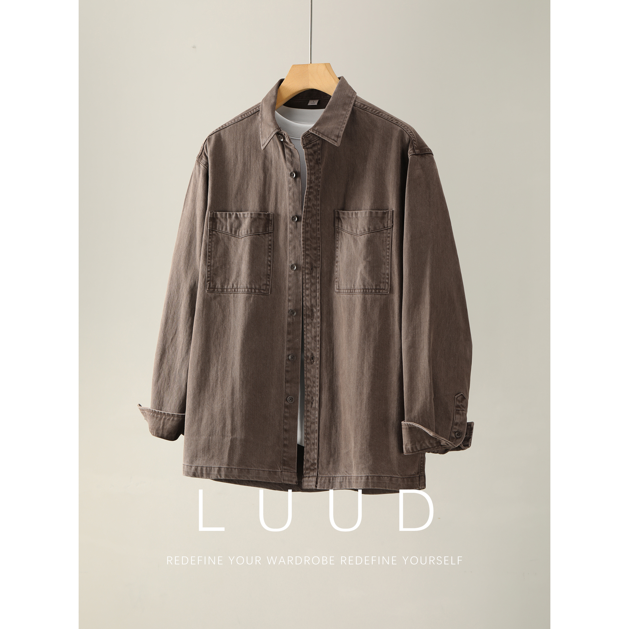 LUUD 复古风水洗做旧双贴袋牛仔衬衫男阿美咔叽100%纯棉衬衣夹克