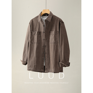 LUUD 男阿美咔叽100%纯棉衬衣夹克 复古风水洗做旧双贴袋牛仔衬衫