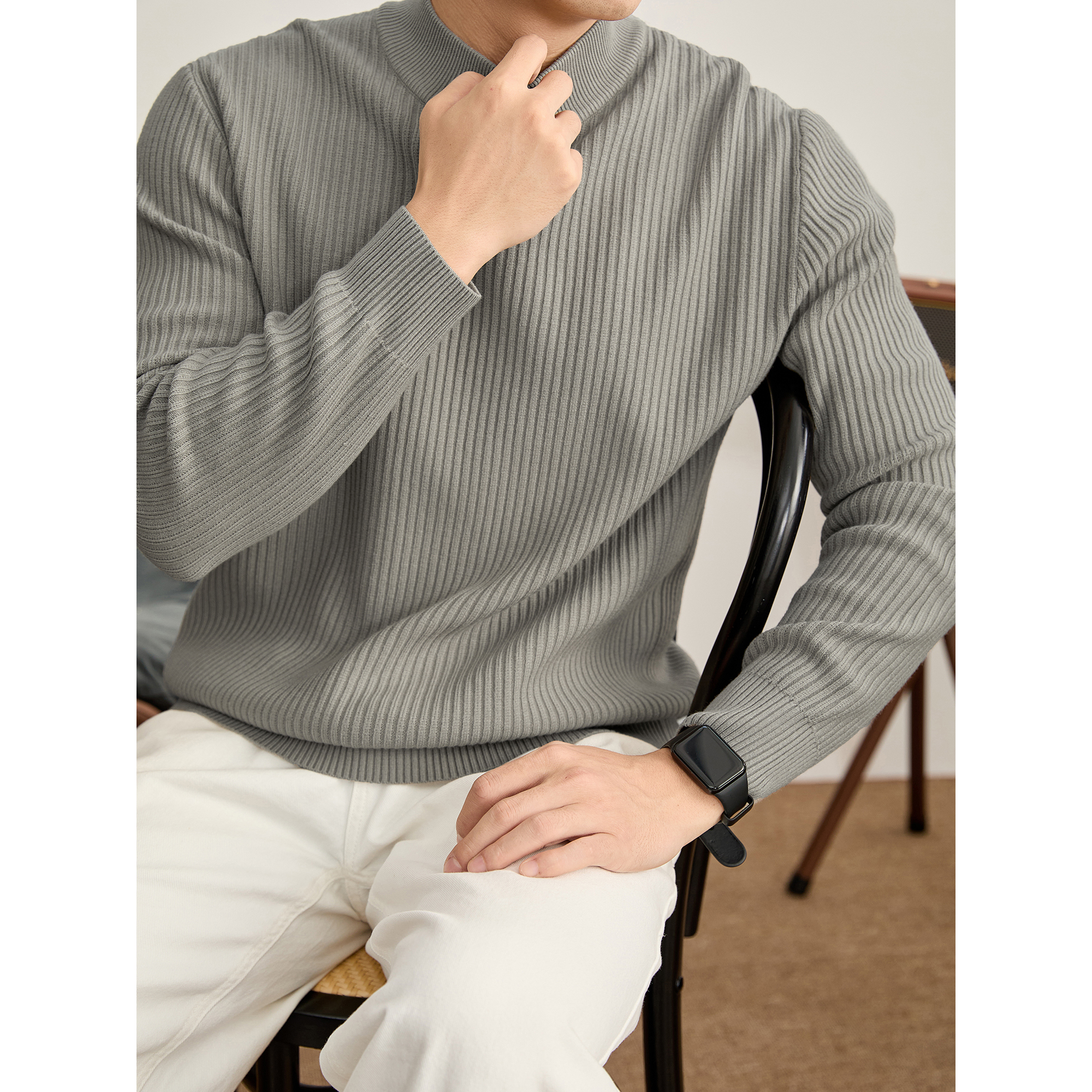 LUUD 格雷色系男士半高领针织衫毛衣冬季保暖坑条肌理内搭打底衫