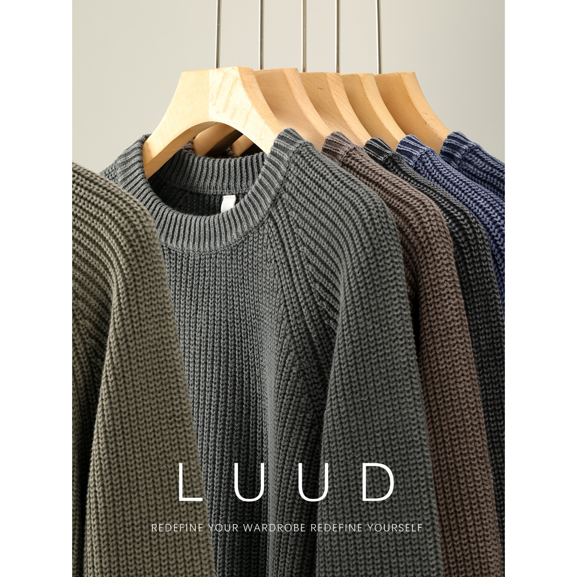 LUUD 渐染水磨做旧抗起球男士针织衫秋冬季100%纯棉罗纹收口毛衣