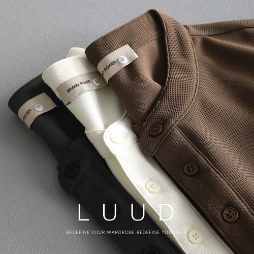 LUUD 潮牌重磅亨利领短袖T恤男华夫格百搭休闲体恤衫简约修身上衣