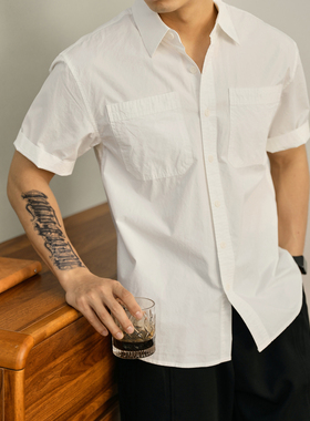 LUUD 青春帅气白色纯棉衬衫男立体裁剪双口袋设计短袖单排扣上衣