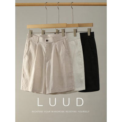 LUUD 100%纯亚麻透气男士休闲短裤老钱风垂感双褶极简纯色五分裤