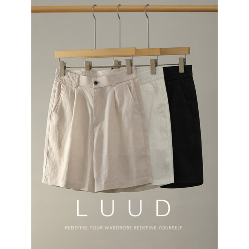 LUUD 100%纯亚麻透气男士休闲短裤老钱风垂感双褶极简纯色五分裤