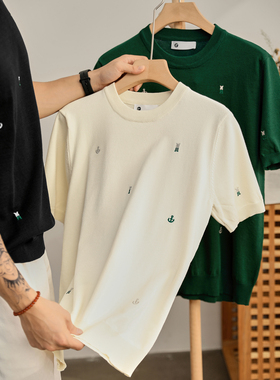 LUUD 复古老钱创意字母小刺绣针织T恤男夏季冰爽丝时尚圆领短袖衫