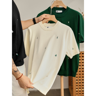 衫 LUUD 圆领短袖 冰爽丝时尚 复古老钱创意字母小刺绣针织T恤男夏季