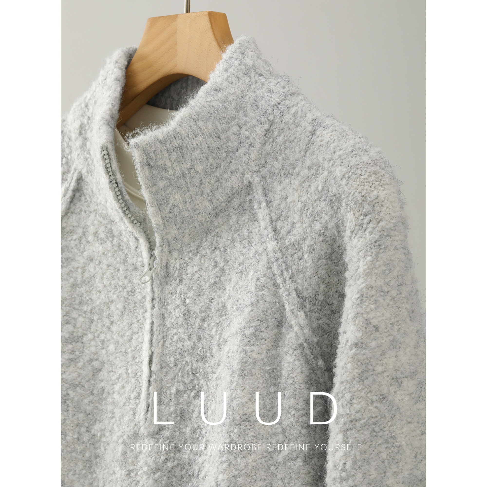 LUUD 含羊毛混色圈圈纱毛绒感针织衫男半拉链立领插肩袖拼接毛衣