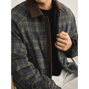 LUUD 90鸭绒复古格纹毛呢灯芯绒拼接翻领羽绒服男冬磨毛保暖外套