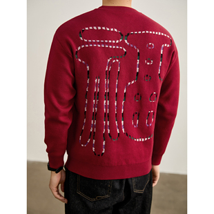 LUUD 新年红喜庆彩色提花福字刺绣圆领毛衣男背面勾花套头针织衫