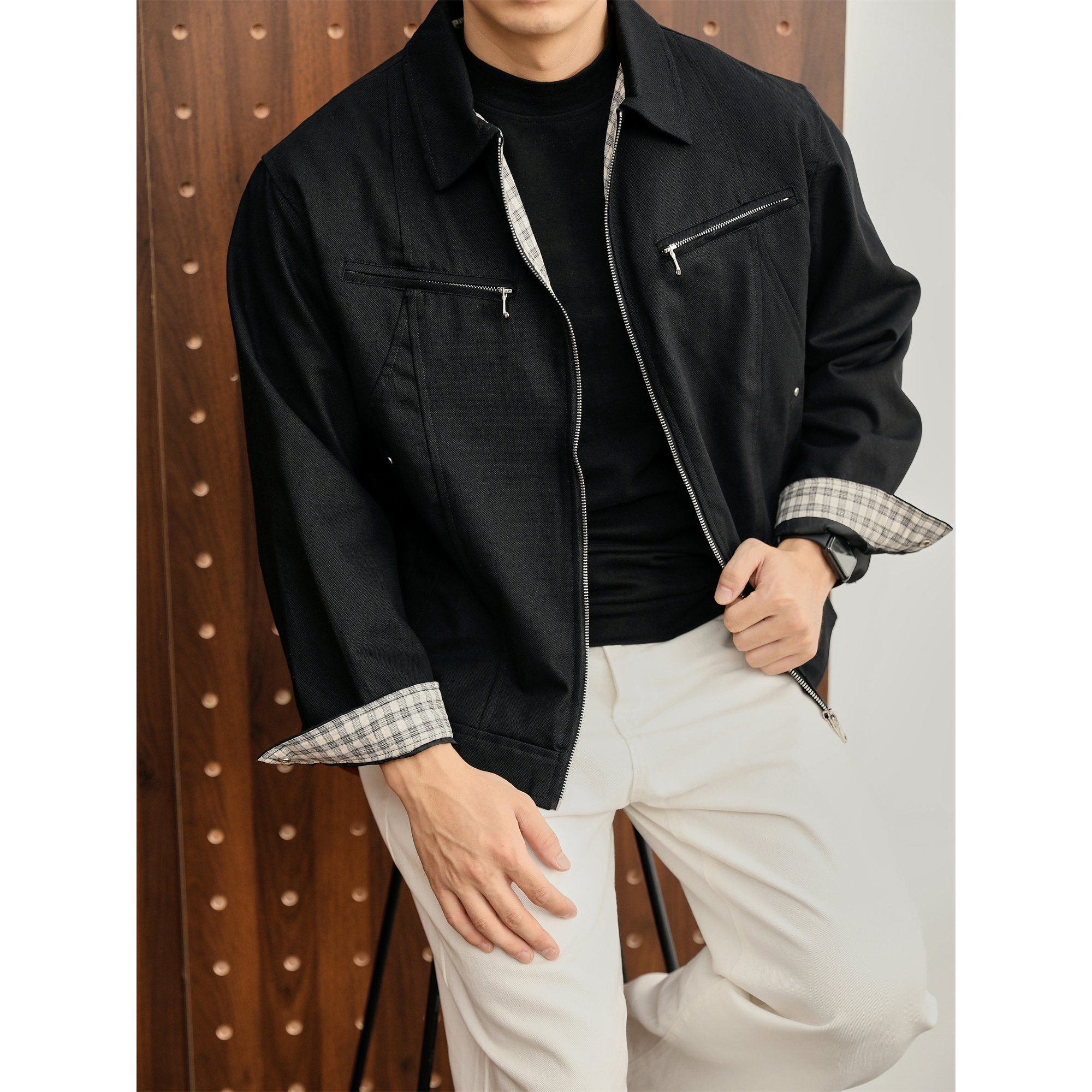 LUUD 100%纯棉立体拉链口袋哈灵顿夹克时尚拼接格纹帆布短宽外套