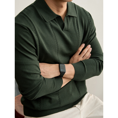 LUUD 男士秋冬军绿色海鸥领POLO衫毛衣纵向绞花纹理沉稳雅致长袖