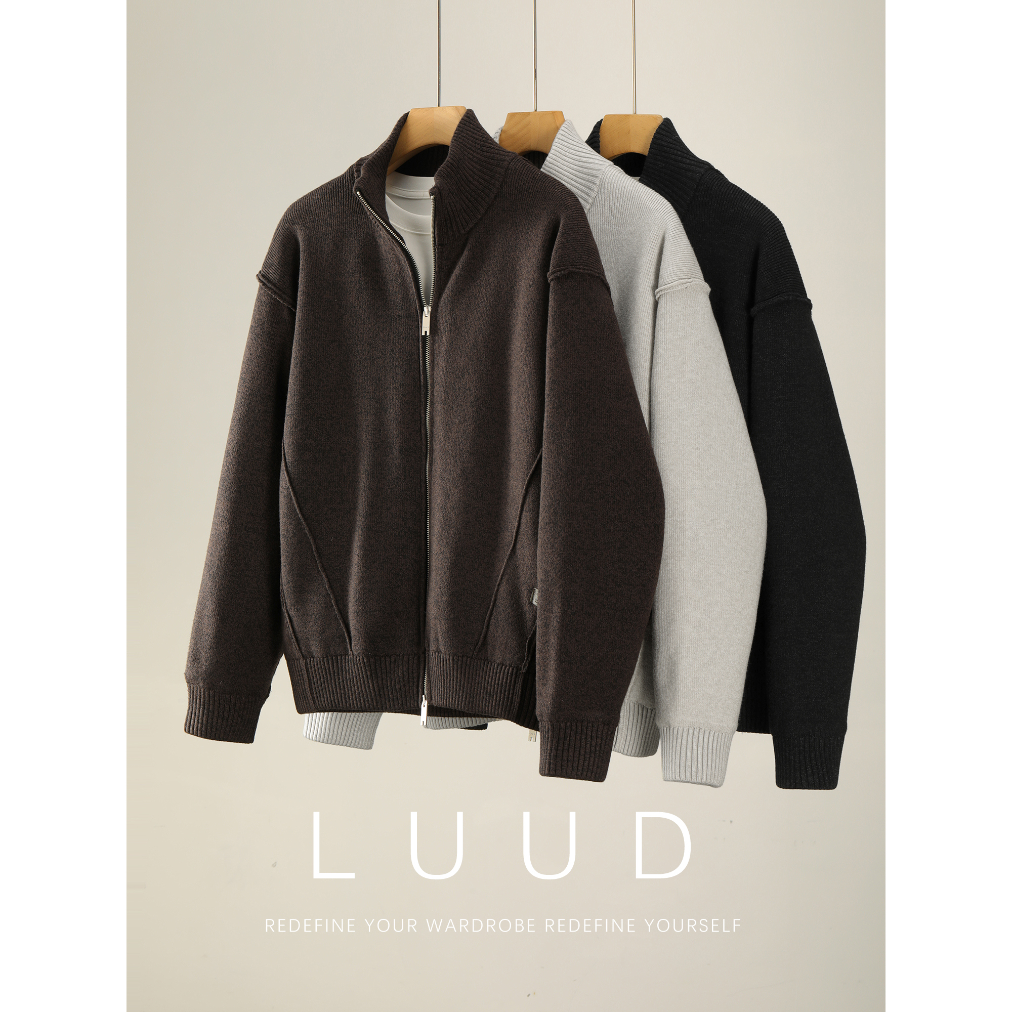 LUUD 90鸭绒罗纹立领羽绒服男冬季三角贴标拼接设计保暖针织外套