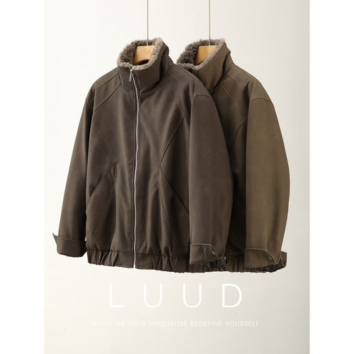 LUUD 短宽版型85鸭绒羊羔绒毛领皮衣夹克男冬季麂皮绒羽绒服外套