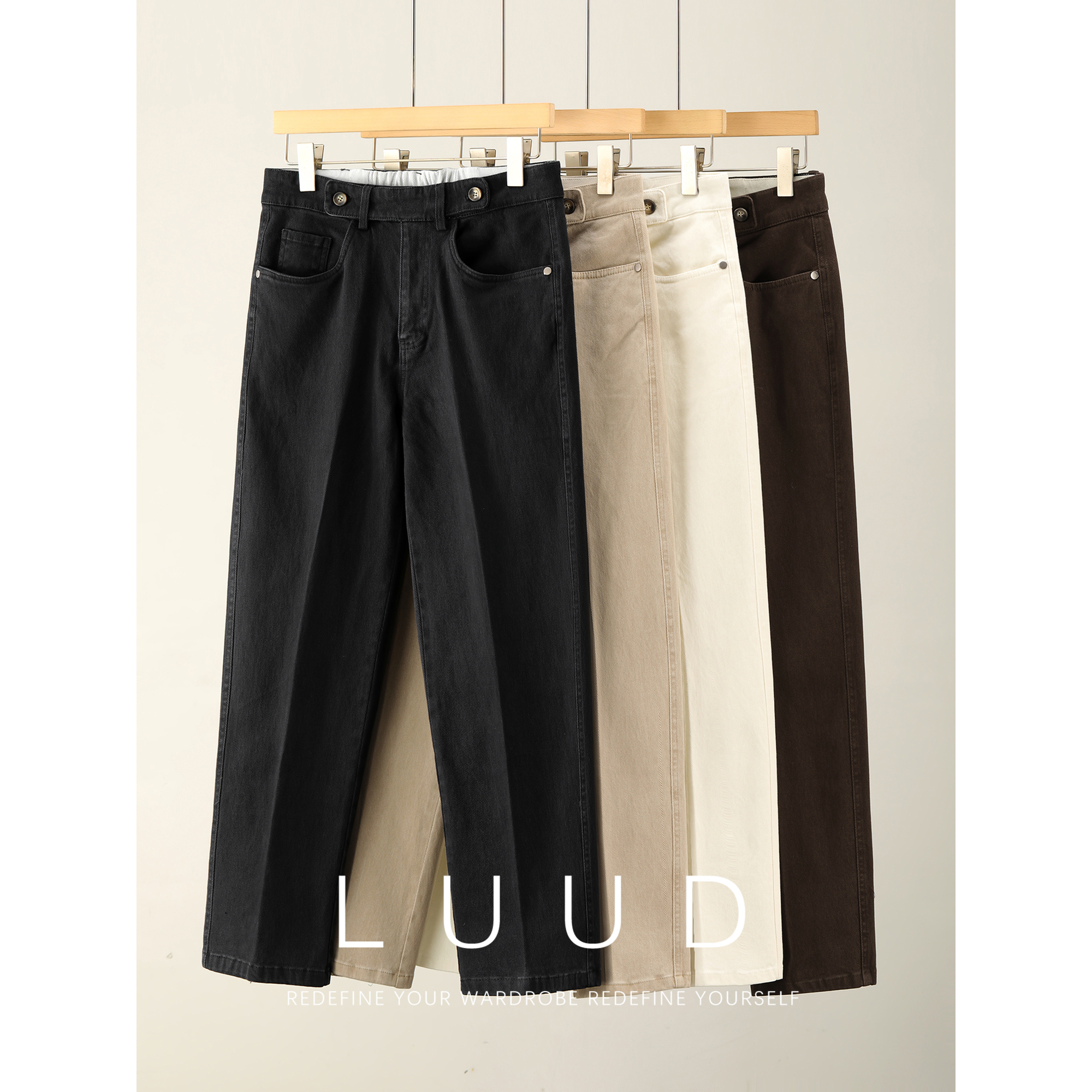 LUUD 天丝莱赛尔混纺水洗棉牛仔裤男士半截腰带纽扣装饰直筒长裤