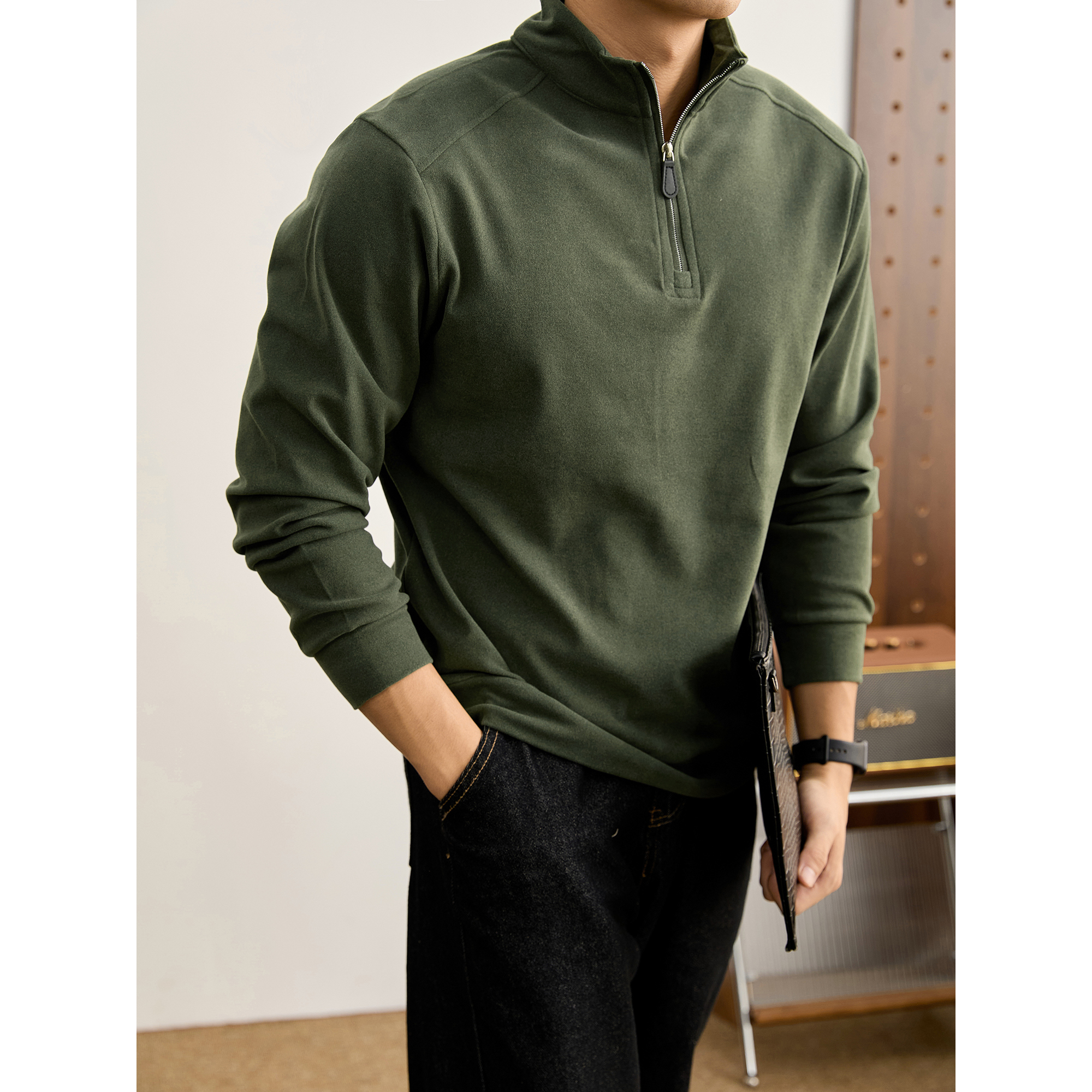 LUUD 美式潮牌半拉链立领卫衣男士亲肤磨毛德绒保暖外穿套头上衣