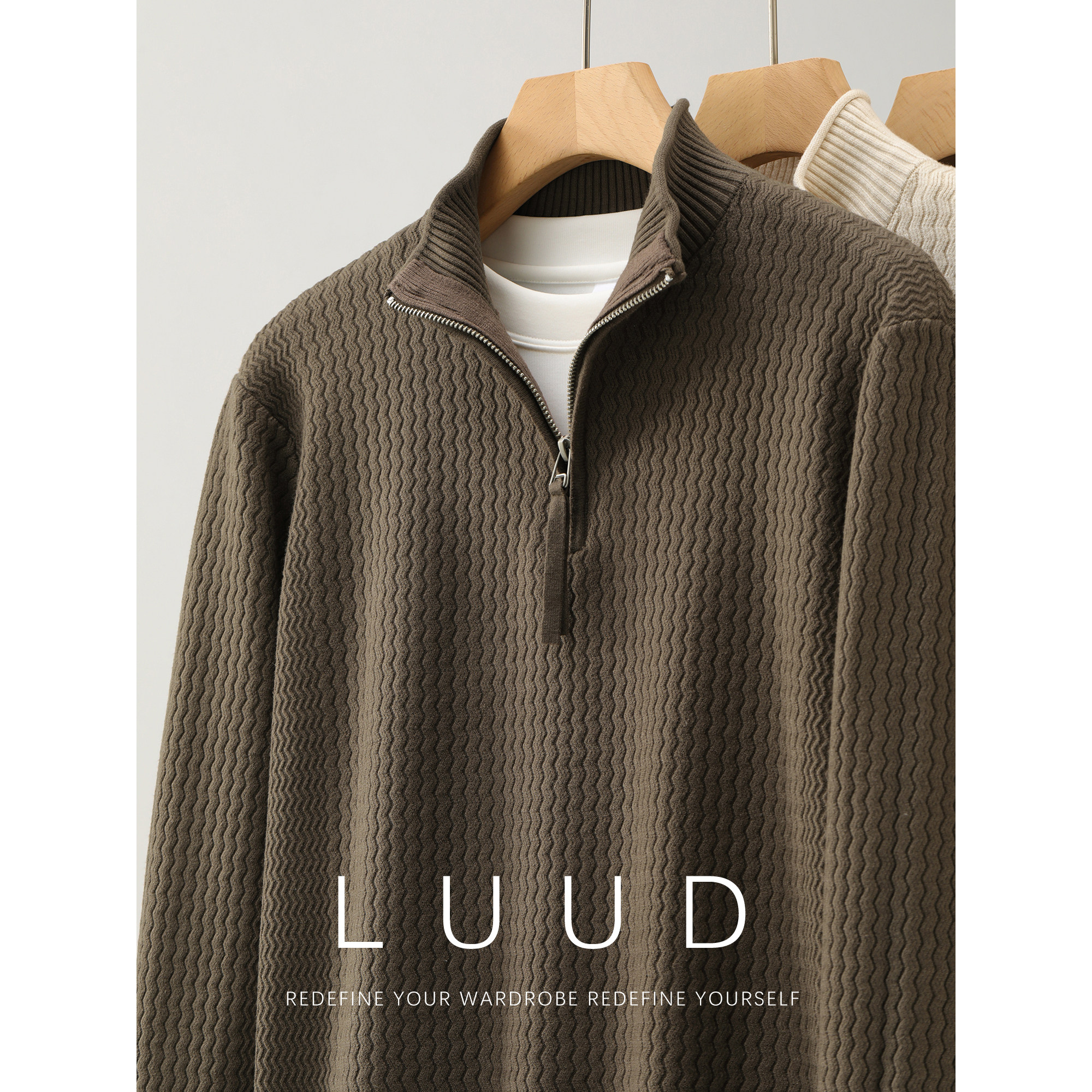 LUUD 波浪肌理感软糯亲肤拉链半高领针织衫男冬季卷边设计毛线衣