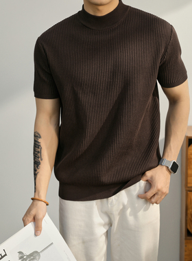 LUUD 坑条肌理感针织短袖T恤男夏季潮牌凉感休闲透气半高领体恤衫