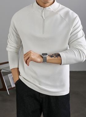 LUUD 白色Cleanfit半拉链立领长袖T恤衫男士德绒保暖双面磨毛卫衣