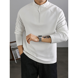 男士 T恤衫 德绒保暖双面磨毛卫衣 白色Cleanfit半拉链立领长袖 LUUD