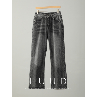 型长裤 高街风挺括微喇版 潮男 黑灰色水洗做旧毛须纹理牛仔裤 LUUD