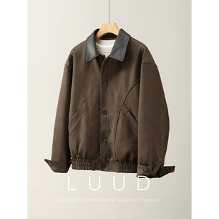 LUUD 麂皮绒羽绒服夹克男冬85白鸭绒保暖PU皮翻领外套 Boxy短宽款