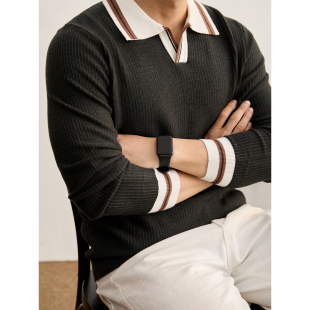 LUUD 男竖纹肌理莫代尔包芯纱毛衣 都市通勤感拼色翻领针织POLO衫