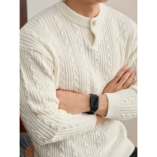 LUUD 高弹性包芯纱保暖长袖毛衣男麻花编织纹理纯色单纽扣针织衫
