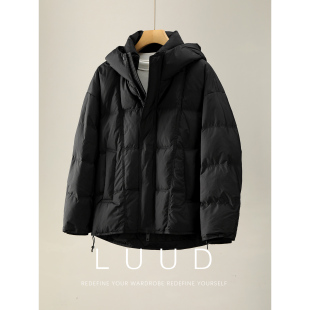 LUUD 龟背绗缝可调节松紧下摆连帽外套男冬国标白鸭绒保暖羽绒服