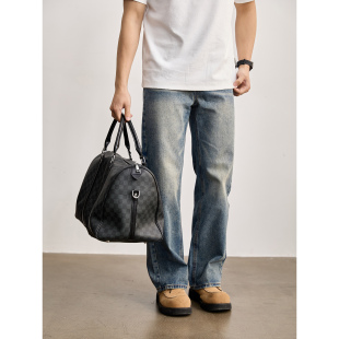 时髦丹宁休闲长裤 LUUD 男士 复古水洗猫须磨白做旧直筒牛仔裤 美式