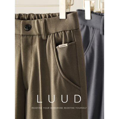 LUUD 竖纹肌理感毛呢合体小直筒休闲长裤男冬季手工烫定型褶西裤