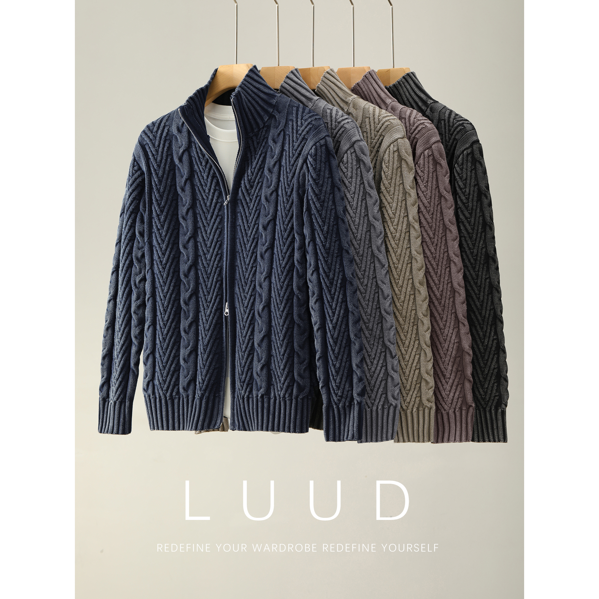LUUD 100%纯棉双拉链高领针织开衫男秋冬渐染水磨抗起球外套毛衣