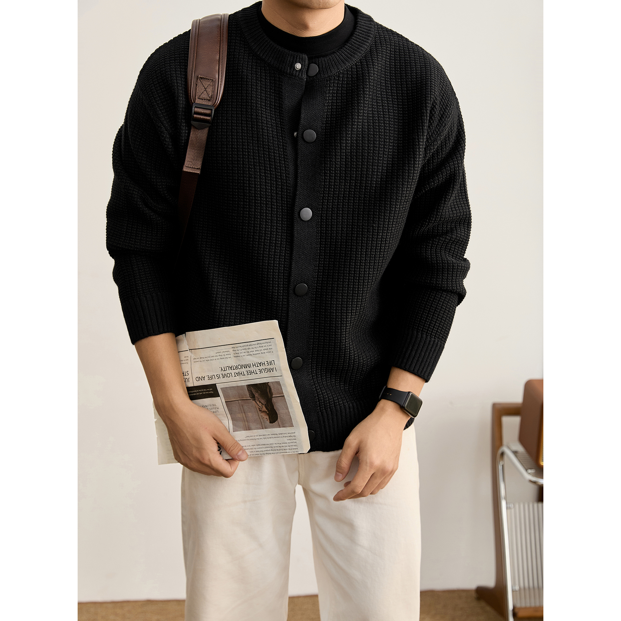 LUUD 高克重930G华夫格肌理感开衫毛衣男士简约潮奢圆领针织外套