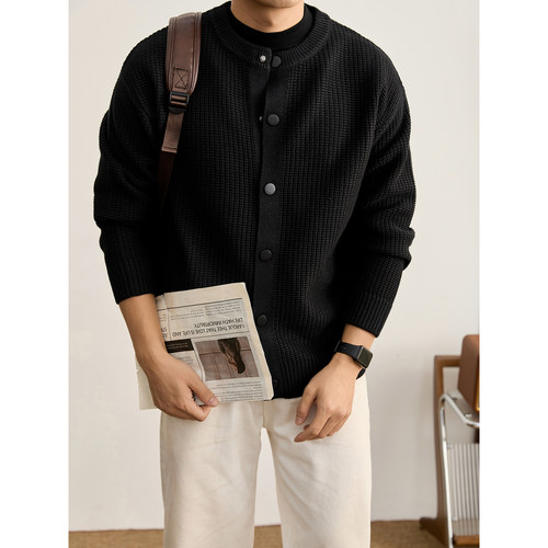 LUUD 高克重930G华夫格肌理感开衫毛衣男士简约潮奢圆领针织外套