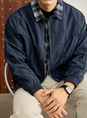 LUUD 美式潮流撞色格纹拼接夹克弧形分割线双重闭合假两件外套男