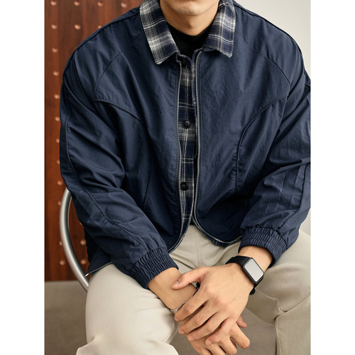 LUUD 美式潮流撞色格纹拼接夹克弧形分割线双重闭合假两件外套男