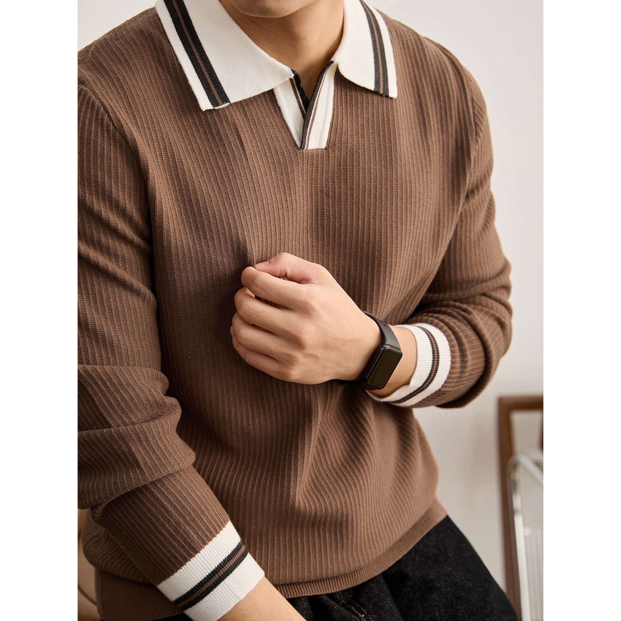 LUUD 美式老钱风竖纹肌理针织POLO衫男莫代尔包芯纱撞色翻领毛衣,男装,针织衫/毛衣,淘宝优惠券,粉丝福利购,淘宝优惠卷