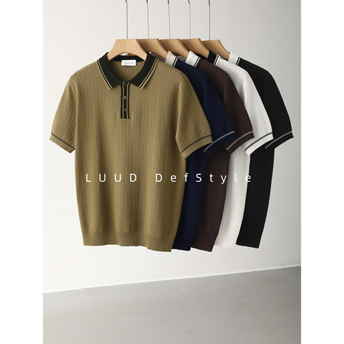 LUUD 复古新贵老钱风撞色翻领短袖T恤男夏鱼骨纹肌理感针织POLO衫