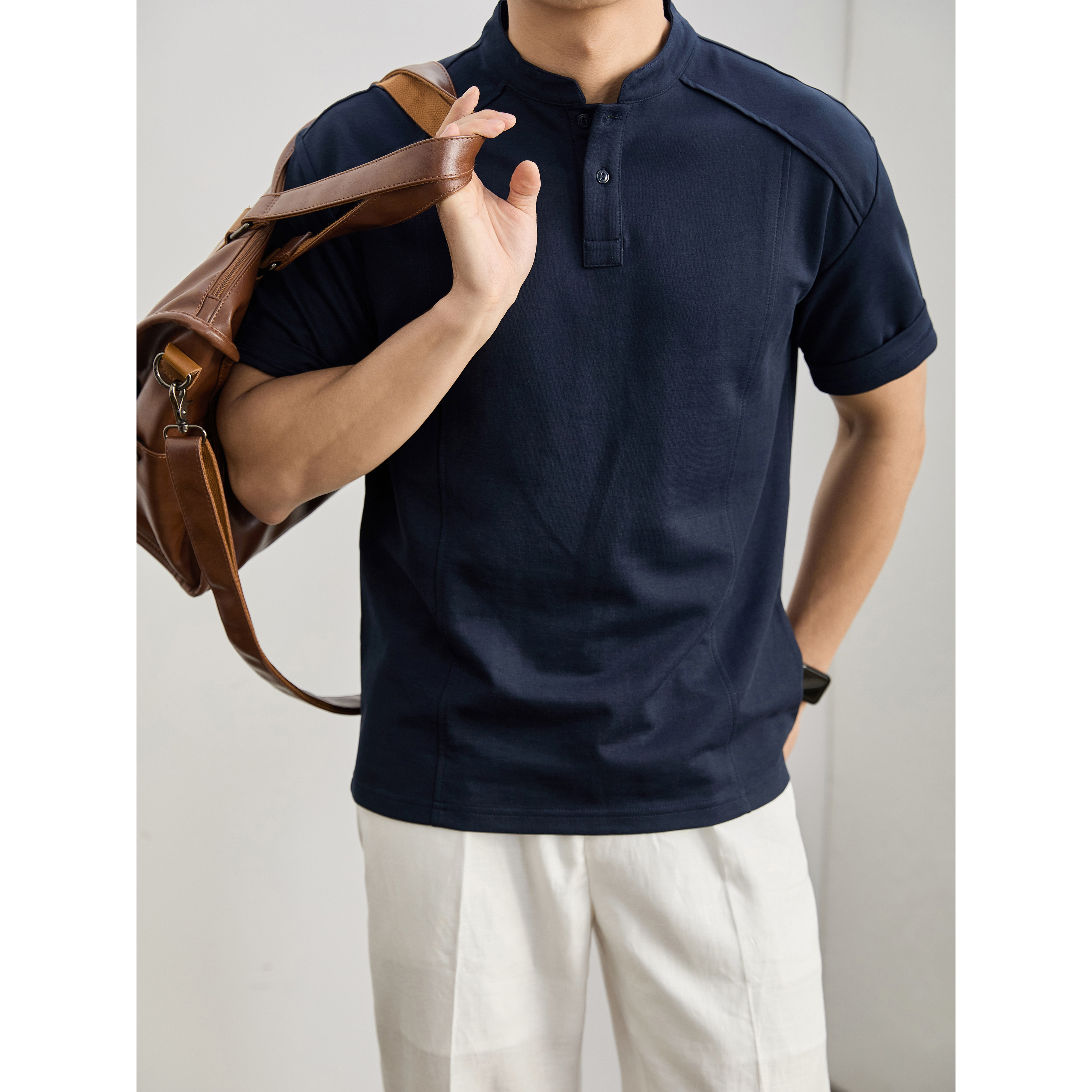 LUUD 夏季极简通勤中式立领短袖T恤男士解构拼接裁剪亨利领体恤衫